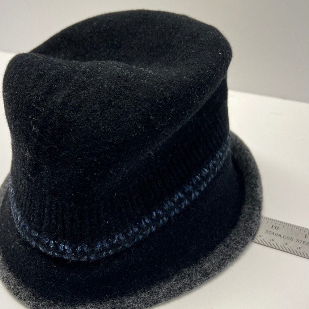 Black Wool Blend Bucket Hat Cloche With Grey Brim And Blue Stitching Adjustable - Picture 5 of 10
